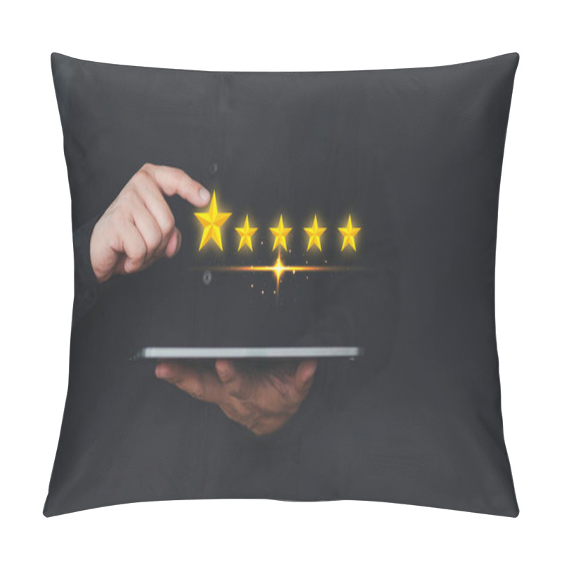 Personality  Hand Using A Tablet Give Point Five Stars Icon For Feedback Review Satisfaction Service Opinion And Testimonial. Customer Service Experience Assessment And Business Satisfaction Survey. Pillow Covers