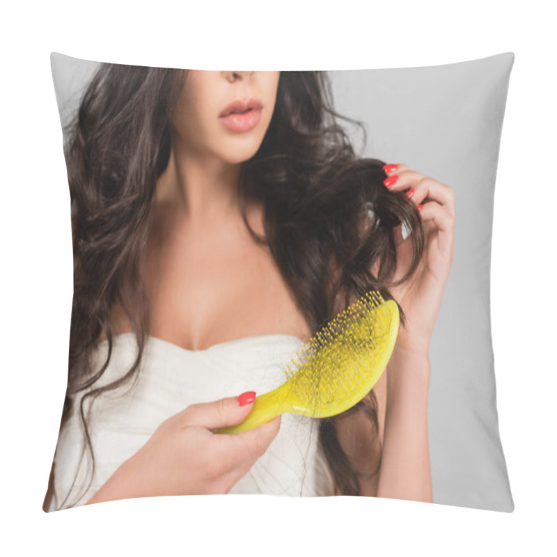 Personality  Partial View Of Brunette Woman Brushing Damaged Hair Isolated On Grey Pillow Covers