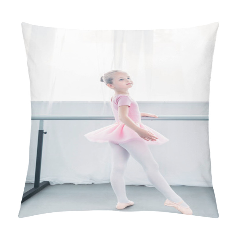 Personality  Adorable Little Ballerina In Pink Tutu Practicing Ballet And Looking Away Pillow Covers