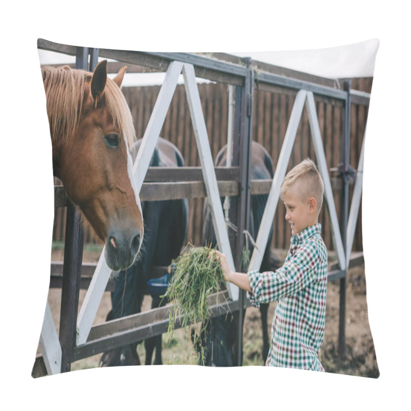 Personality  Smiling Boy Holding Grass And Feeding Horse In Stall Pillow Covers