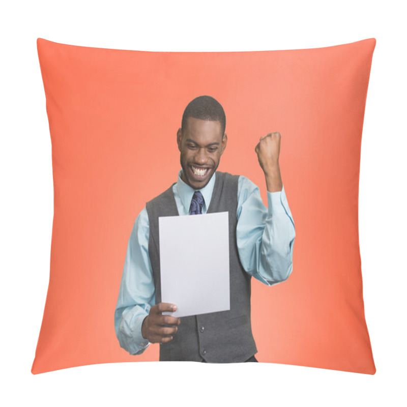 Personality  Excited Happy Man Holding Document, Receiving Goood News Pillow Covers