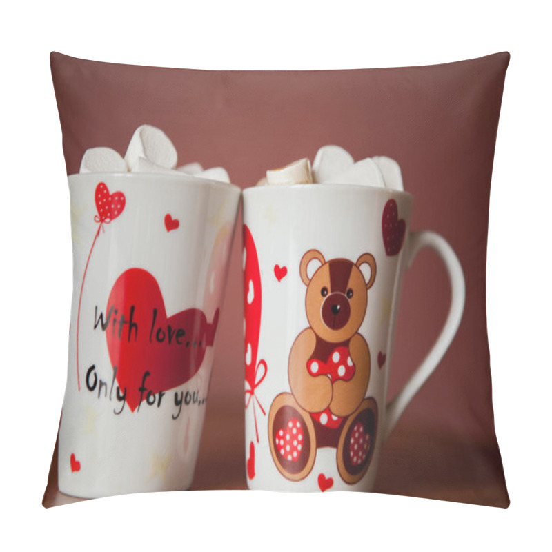 Personality  Hot Chocolate With White Marshmallows In Hearts And Teddy Bears On Valentine's Day Pillow Covers