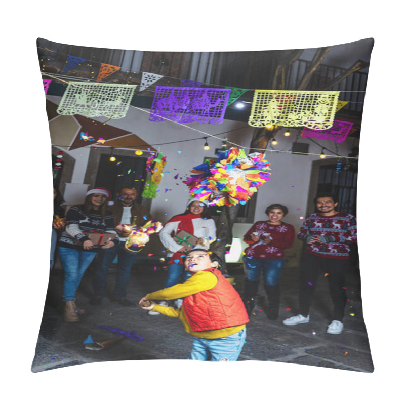 Personality  Mexican Child Breaking A Pinata At Traditional Posada Celebration For Christmas In Mexico Latin America, Hispanic Family Pillow Covers