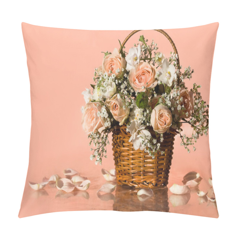 Personality  Delicate Pink Roses And Violets In The Basket Pillow Covers