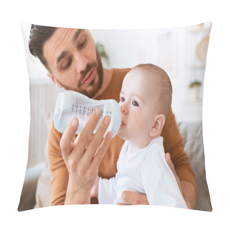 Personality  Dad Giving Bottle To Baby Sitting On Couch At Home Pillow Covers