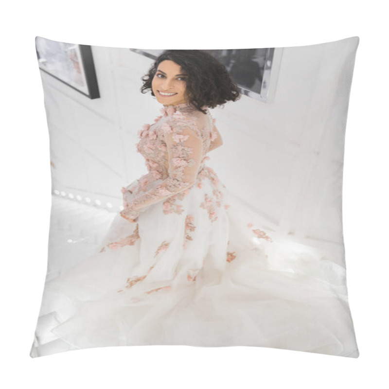 Personality  Brunette Middle Eastern Woman With Wavy Hair Standing In Gorgeous And Floral Wedding Dress While Smiling In Luxurious Bridal Salon And Looking At Camera, Happy Bride, Charming And Elegant, Shopping Pillow Covers