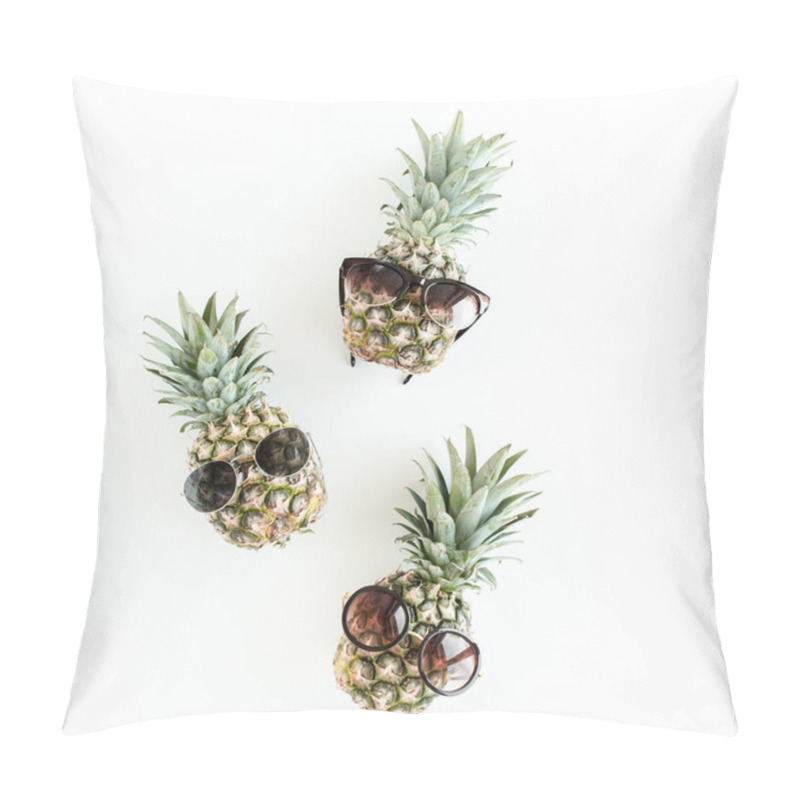 Personality  Hipster Pineapples In Glasses On White Background. Flat Lay, Top View Pillow Covers