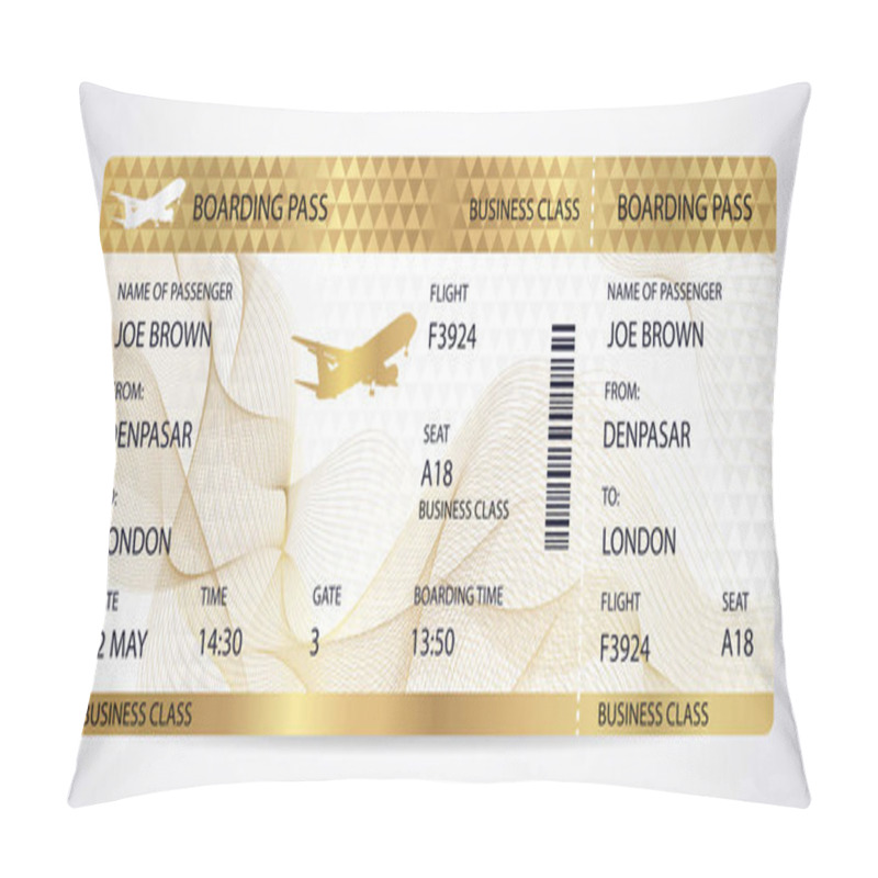 Personality  Golden Boarding Pass (ticket, Traveler Check Template) With Aircraft (airplane Or Plane) Silhouette On Gold Guilloche Background. Travel By Aerial Transport. Enjoy Your Vacation. Isolated Vector On White Pillow Covers