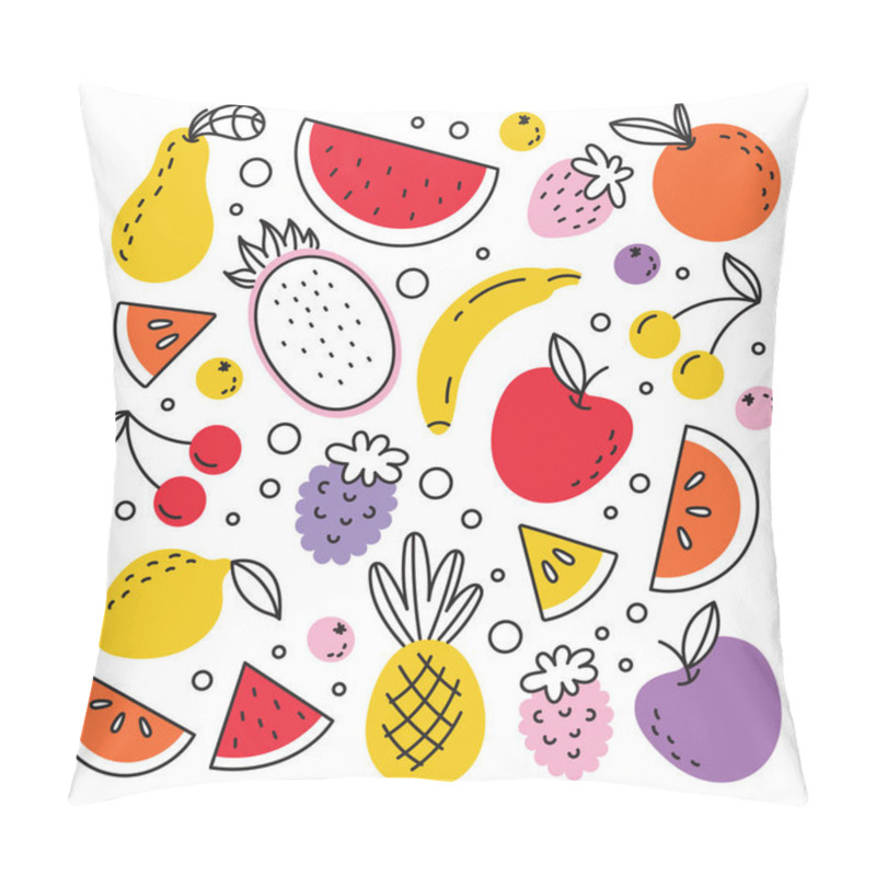 Personality  A Set Of Illustrations Of Tropical Exotic Fruits In The Style Of Doodle, Cartoon. Citrus Fruits, Berries. Isolated On A White Background. Pillow Covers