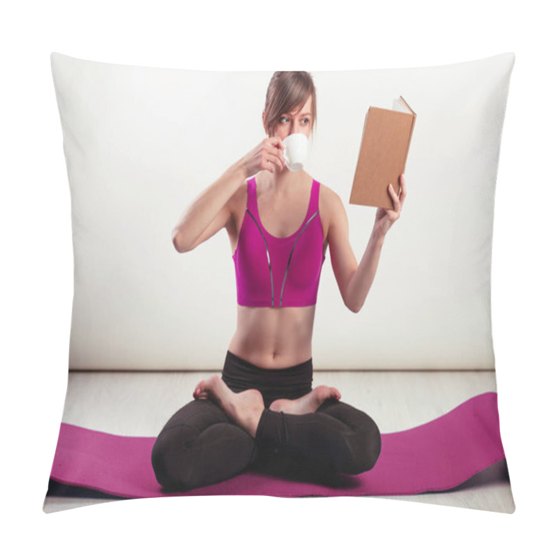 Personality  Healthy Living - Woman Meditating. Fitness Woman Practicing Yoga In Home Relax Reading A Book And Drinking Coffee. Enjoying Peace And Serenity In Lotus Pose Pillow Covers