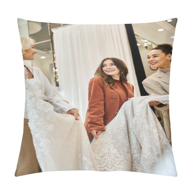 Personality  A Radiant Young Bride, Her Mother, And Best Friend Standing Together, Shopping For Her Wedding. Pillow Covers