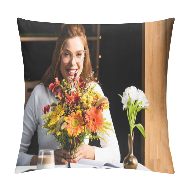 Personality  Happy Redhead Woman With Bouquet Of Autumn Flowers In Cafe With Smartphone And Notebook Pillow Covers