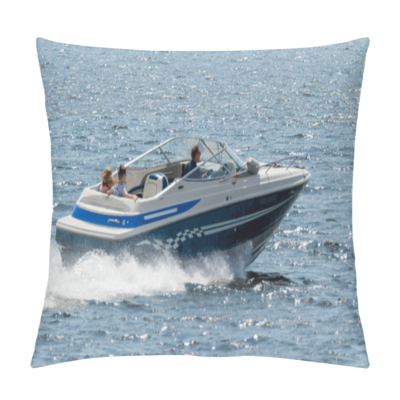 Personality  Lipetsk, Russia - July 20, 2019: People Ride A Small Yacht On The River On A Summer Day. Pillow Covers