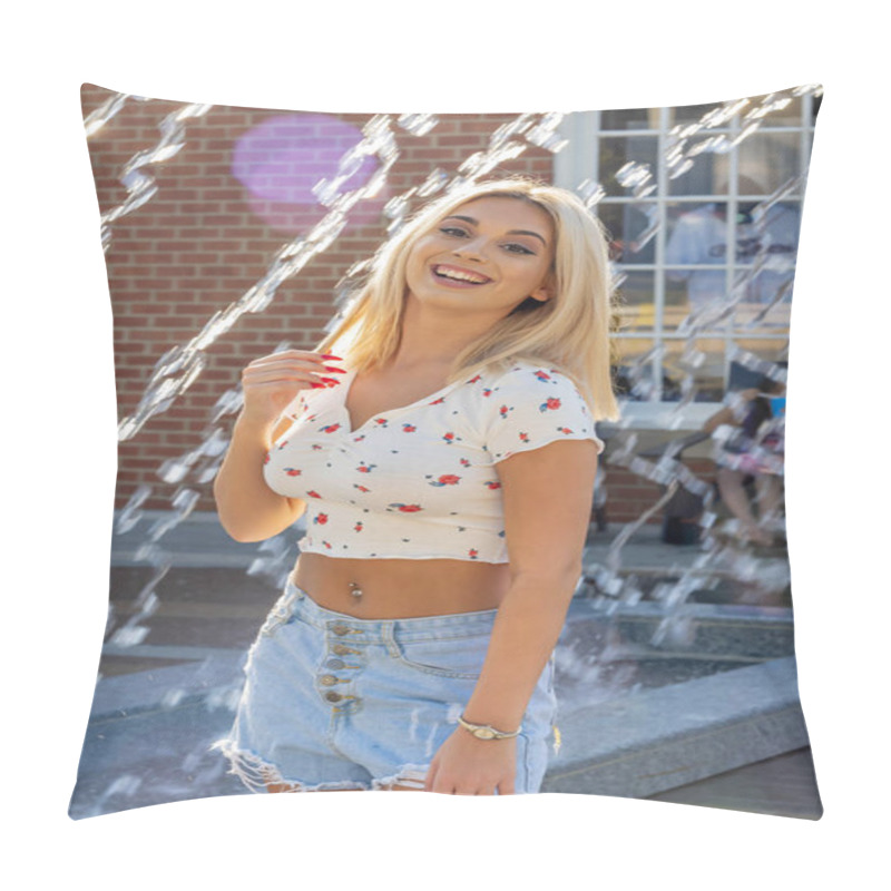 Personality  A Beautiful Young Woman Strolls Through Her Quaint Small Town, Basking In The Warmth Of Spring. Surrounded By Blooming Flowers And Fresh Air, She Radiates Joy, Enjoying The Peaceful Solitude. Pillow Covers