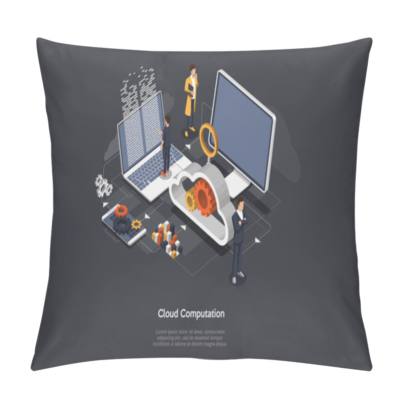 Personality  Illustration On Dark Background. Information Cloud Computation Concept. Isometric Vector Composition In Cartoon 3D Style With Objects And Text. Three Characters And Computers, Infographics Elements Pillow Covers