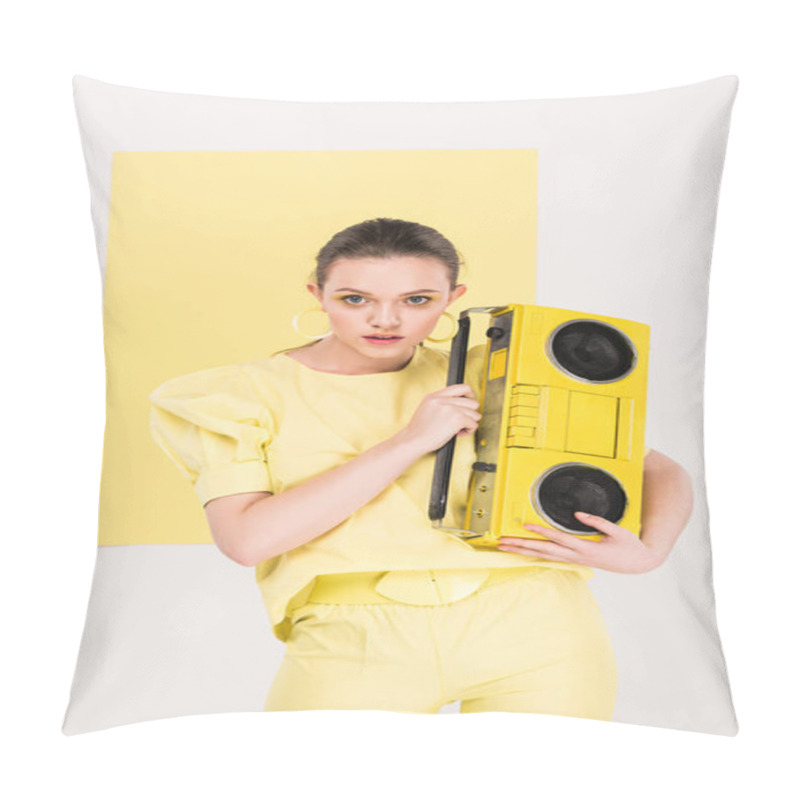 Personality  Stylish Girl Holding Retro Boombox, Looking At Camera And Posing With Limelight On Background Pillow Covers