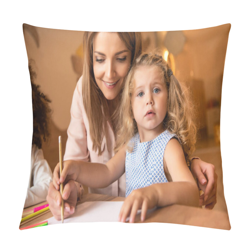 Personality  Cheerful Educator Helping Adorable Kid Drawing In Kindergarten Pillow Covers