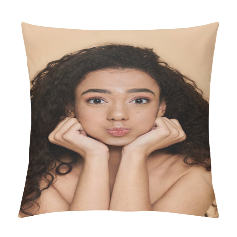 Personality  A Young Woman With Curly Hair Leans Her Head On Her Hands, A Look Of Wonder And Curiosity On Her Face. Pillow Covers