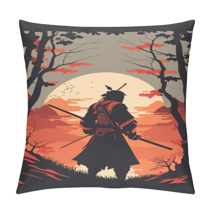 Personality  Illustration Of Silhouette Of Japanese Samurai Warrior With Sword Standing On Sunset Vector Background For Wall Art Print Banner Design Template Pillow Covers