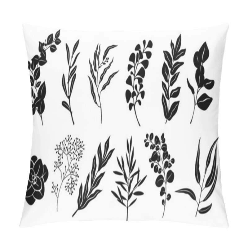 Personality  Set Of Black Silhouettes Of Eucalyptus Leaves And Branches. Vector Black Outline Illustrations Isolated On White Background. Trendy Greenery Elements For Logo, Tattoo, Invitations, Stickers. Pillow Covers