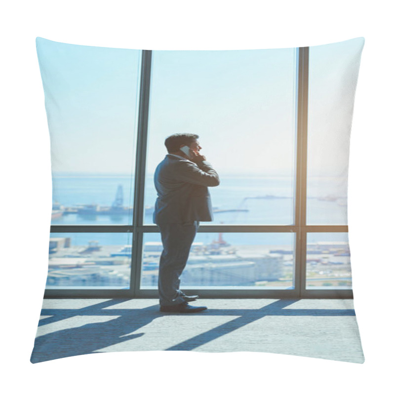 Personality  Mature Business Leader Standing And Looking Out Of Large Windows In A Top Floor Office, Talking On His Mobile Phone While Looking Out At The View Pillow Covers