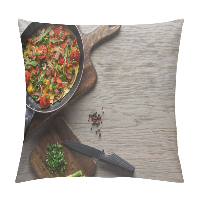 Personality  Top View Of Omelet In Frying Pan With Ingredients And Knife On Wooden Table Pillow Covers