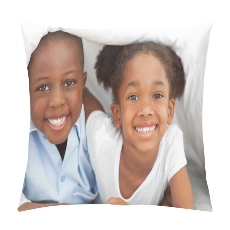 Personality  Portrait Of Ethnic Siblings Lying Down On Bed Pillow Covers