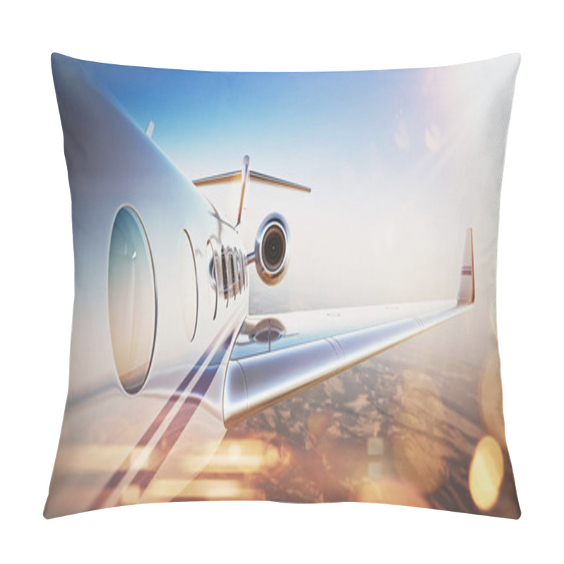 Personality  Business Travel Concept.Generic Design Of White Luxury Private Jet Flying In Blue Sky At Sunset.Uninhabited Desert Mountains On The Background.Horizontal,flares Effect. 3D Rendering Pillow Covers