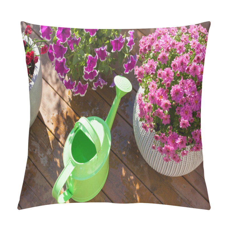 Personality  Beautiful Summer Flowers In Flowerpots In Garden. Chrysanthemum, Petunia, Watering Can Pillow Covers