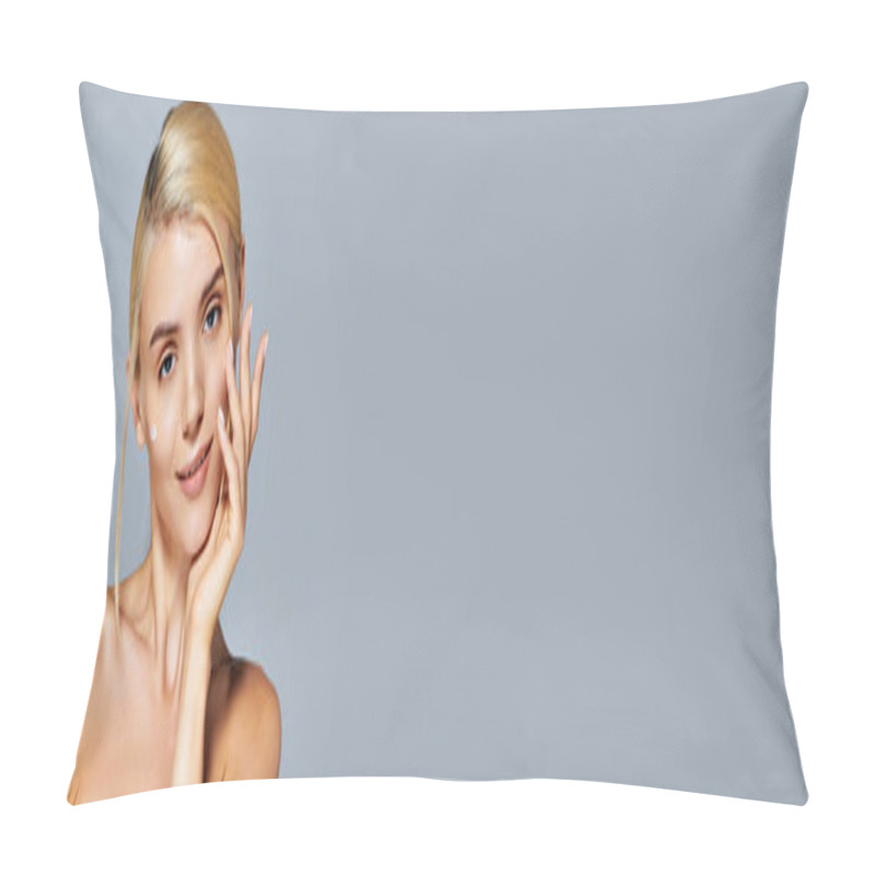 Personality  Banner Of Pretty Blonde Woman Playfully Applying Cream With Confident Looking On Gray Background Pillow Covers