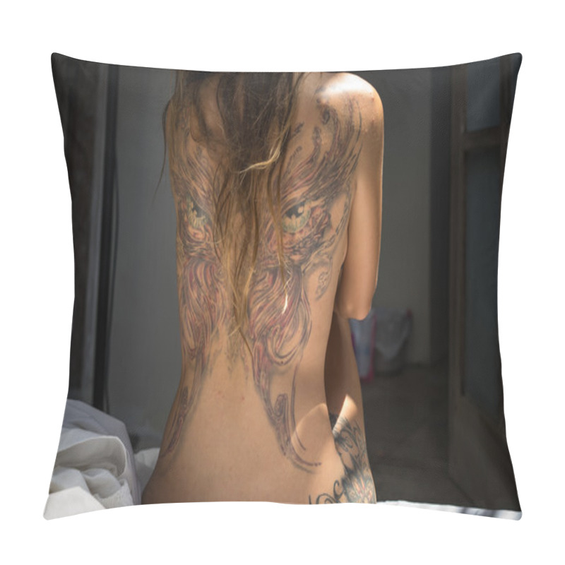 Personality  Back Of A Young Girl With A Tattoo  Pillow Covers