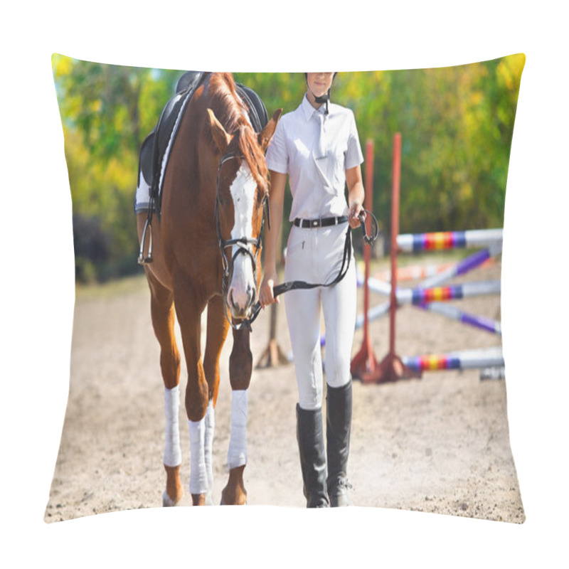 Personality  Female Jockey With Purebred Horse Pillow Covers