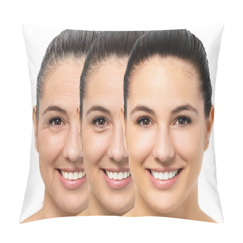 Personality  Close Up Portrait Of Conceptual Young Woman Showing Skin Aging Process. Three Portraits Of Same Girl With Different Ages And Wrinkles. Pillow Covers