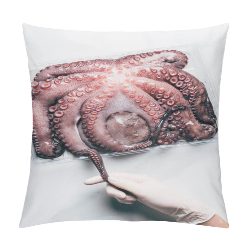 Personality  Top View Of Hand With Big Raw Octopus In Plastic Container On Light Marble Surface Pillow Covers