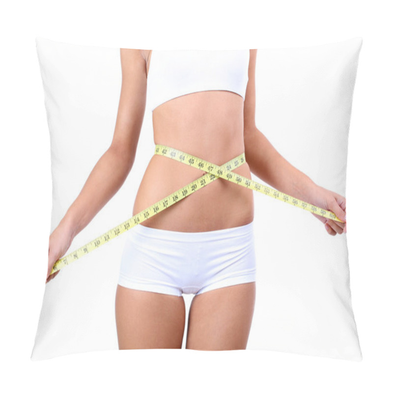 Personality  Beautiful Young Woman Measuring Her Body With Tape Isolated On White Pillow Covers