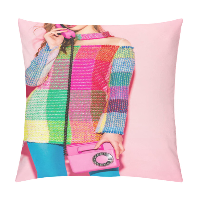 Personality  Cropped View Of Young Woman In Sunglasses And Checkered Dress Talking On Retro Phone On Pink Pillow Covers