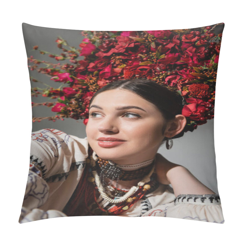 Personality  Portrait Of Smiling Ukrainian Woman In Traditional Clothes And Floral Wreath With Red Berries Isolated On Grey Pillow Covers