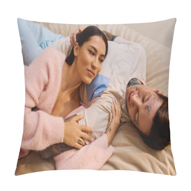 Personality  A Young Couple Cuddles Closely, Sharing Smiles And Warmth In A Relaxing Indoor Setting. Pillow Covers