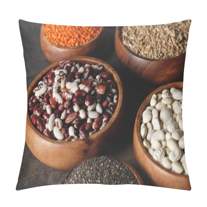 Personality  Variety Of Beans, Lentils And Oat Groats In Wooden Bowls On Table Pillow Covers