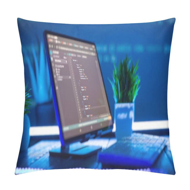 Personality  Work From Home. Programmer Coding Code On Notebook Screen At Pillow Covers