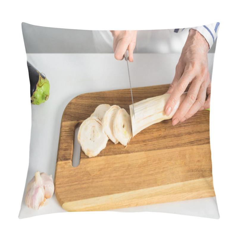 Personality  Cropped Image Of Senior Woman Cutting Leek On Wooden Board In Kitchen  Pillow Covers