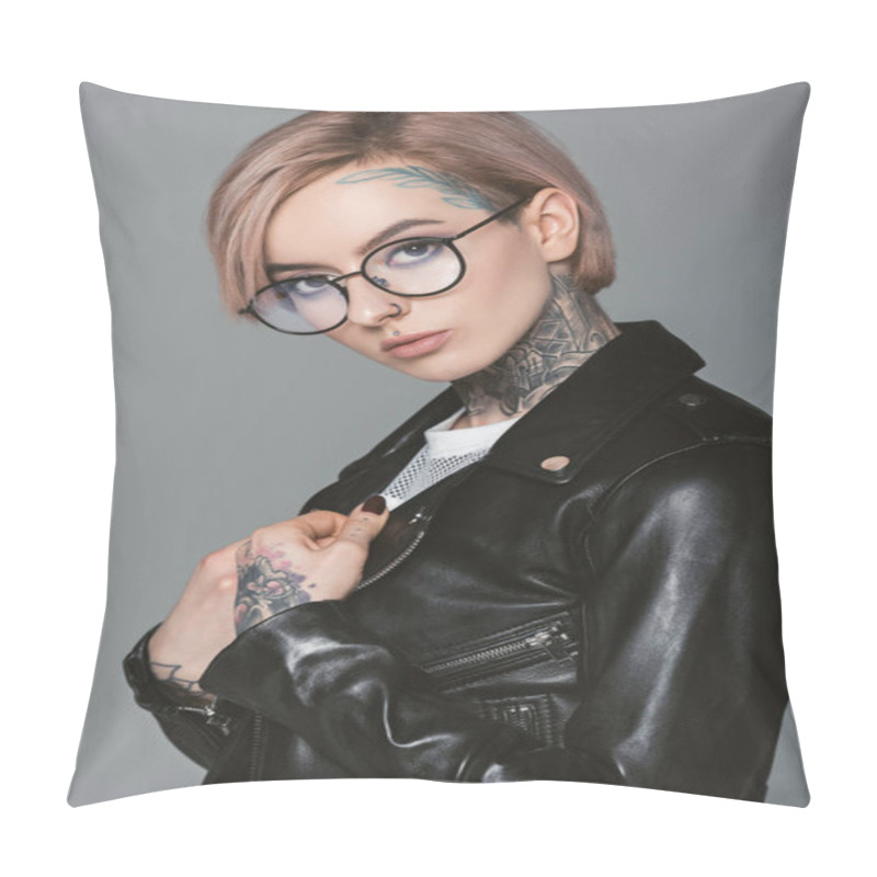 Personality  Beautiful Tattooed Girl In Eyeglasses And Black Leather Jacket, Isolated On Grey Pillow Covers