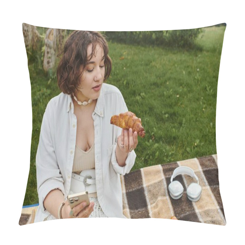 Personality  A Young Woman In A White Shirt Enjoys Croissant While Relaxing Outdoors On A Sunny Summer Day. Pillow Covers