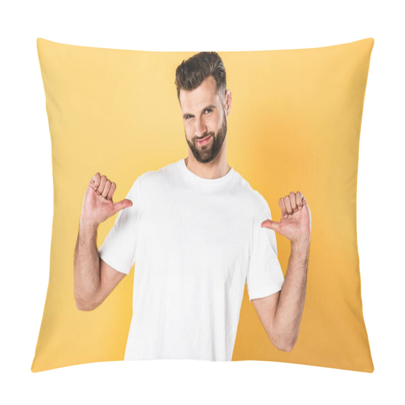 Personality  Smiling Handsome Man In White T-shirt Pointing With Fingers At Himself Isolated On Yellow Pillow Covers