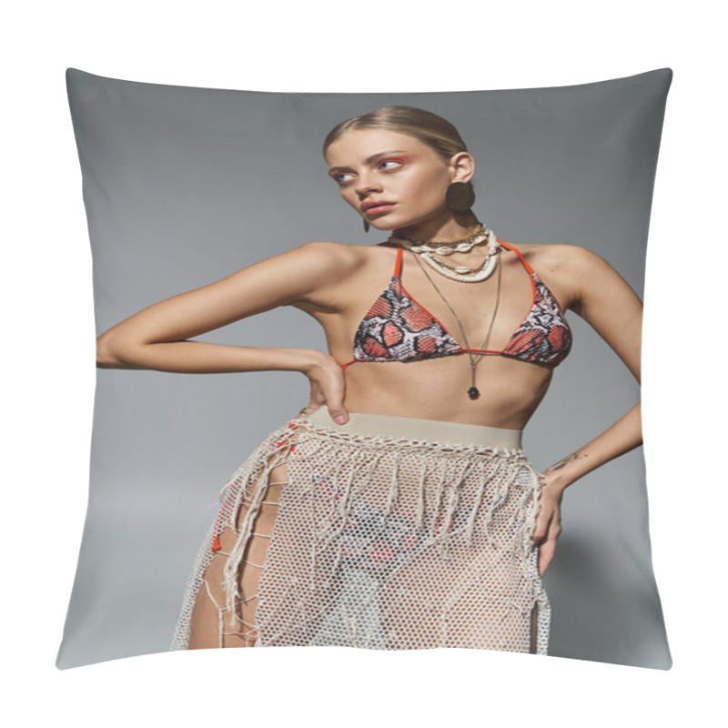 Personality  Blonde Woman In Bikini And Skirt, Striking A Pose. Pillow Covers