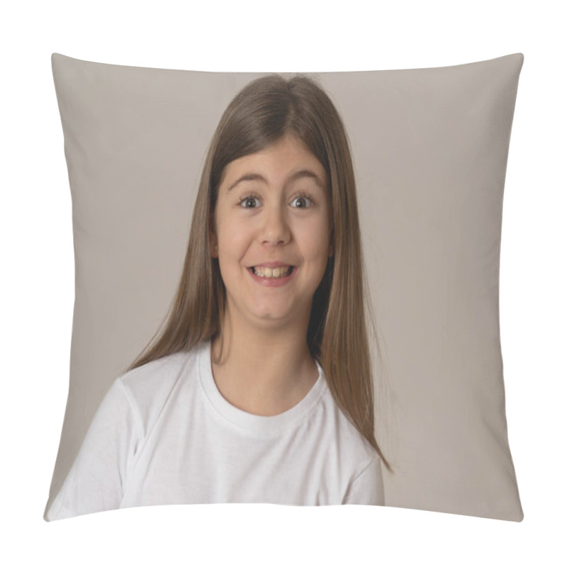 Personality  Close Up Portrait. Cute Happy, Confident, Successful, Proud Little Girl Smiling At The Camera. Positive Human Emotions, Facial Expressions, Body Languages And Feelings. Studio Shot. Pillow Covers