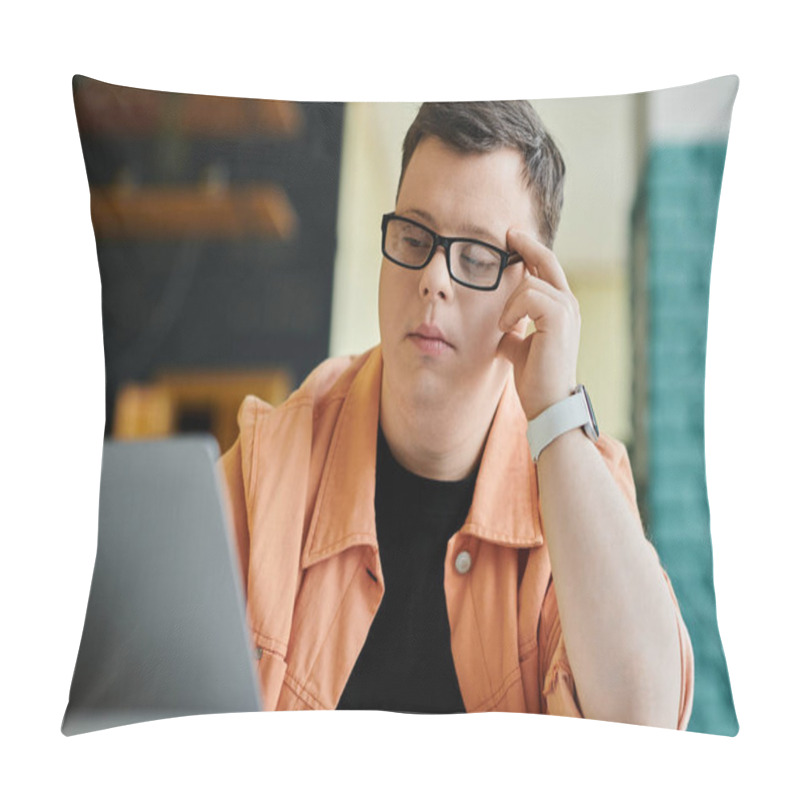 Personality  A Man With Down Syndrome Works Remotely On His Laptop In A Cafe. Pillow Covers