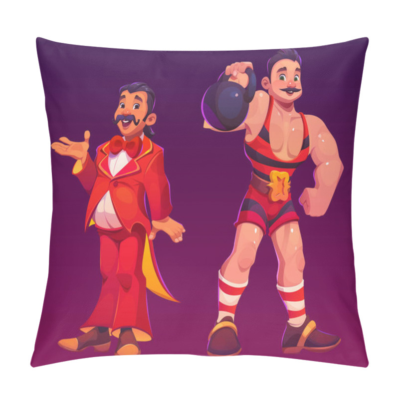 Personality  Vector Carnival Circus Cartoon Performer And Strongman Character Set. Strongman With Weight And Muscle. Funny Person With Vintage Mustache And Red Cirque Costume. Happy Amusement Muscular Guy Icon Pillow Covers