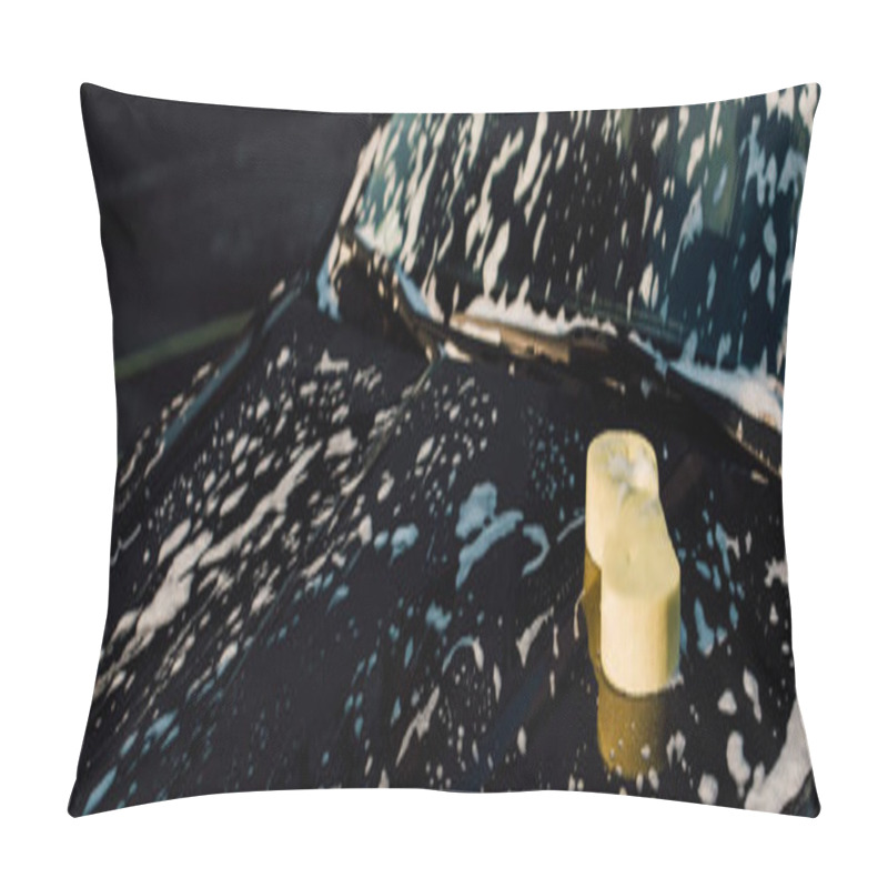 Personality  Panoramic Of Yellow Sponge On Wet And Luxury Black Automobile In Car Wash  Pillow Covers