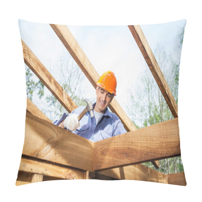 Personality  Worker Hammering Nail On Incomplete Timber Cabin At Site Pillow Covers